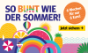 Bunte Werbegrafik für Sommerangebote mit Text 'SO BUNT WIE DER SOMMER!', 'Jetzt sichern' und '6 Wochen für nur 6 Euro!'.