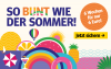 Bunte Werbegrafik für Sommerangebote mit Text 'SO BUNT WIE DER SOMMER!', 'Jetzt sichern' und '6 Wochen für nur 6 Euro!'.