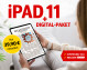 Frau sitzt auf einem Sofa und hält ein iPad 11, das die Zeitung 'Helmstedter Nachrichten' zeigt. Angebot: Digital-Paket für 39,90 Euro monatlich.